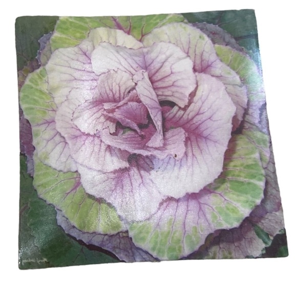 Mary Urdang silk under glass square plate cabbage purples/green artist made mark - Picture 2 of 4